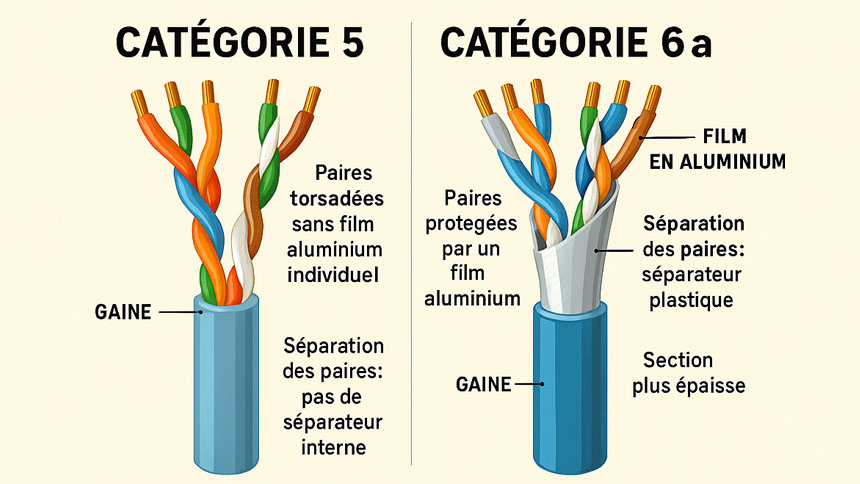 Quelle différence entre RJ45 Cat 5 et Cat 6A ?